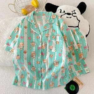 Femmes été à manches courtes Cardigan pyjamas ensemble nuage coton thermique maison vêtements costume revers dessin animé conception vêtements de nuit Shorts - Product Image 3