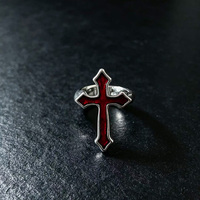 Bagues ouvertes ajustables en alliage d'argent style gothique vintage pour femmes et hommes, avec croix en émail rouge et noir, tendance hip-hop