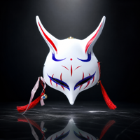 Masque de cosplay Kitsune Fox Anime personnalisé OEM, peint à la main, avec pompons et clochettes, en plastique respirant, pour Halloween et soirées masquées