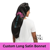 Logo personnalisé large bande élastique Satin Long Bonnet avec attaches extensibles pour tresses grand bonnet de cheveux Sleeping Night