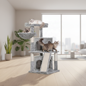 คอนโดแมวอเนกประสงค์ขนาดใหญ่พร้อมที่ปีนป่ายทำจากไซซอล  พร้อมบ้านแมวผ้ากำมะหยี่ทันสมัยและเปลญวน - Product Image 6