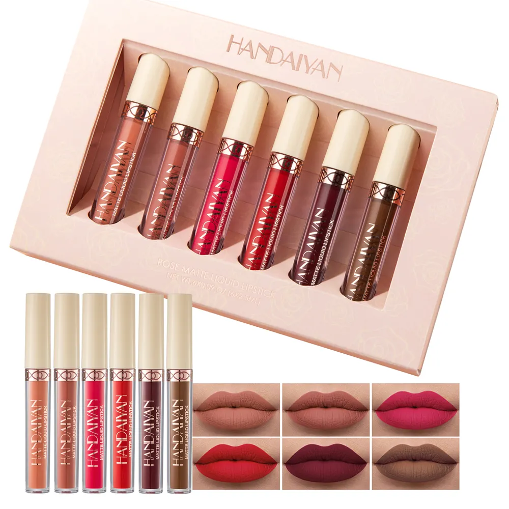 HANDAIYAN Matte Rose Liquid Lipstick Kit 6 colori/box Makeup Set Nude Velvet Lip Gloss Lips Cosmetics Tint Lip Gloss Waterproof