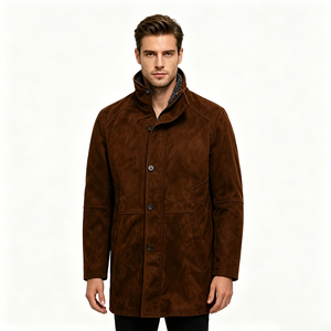 Manteau long en faux <span class=keywords><strong>daim</strong></span> de qualité supérieure pour homme, doublure Sherpa, col montant, fermeture à double zip et boutons, veste chaude décontractée et élégante pour le travail - Product Image 3
