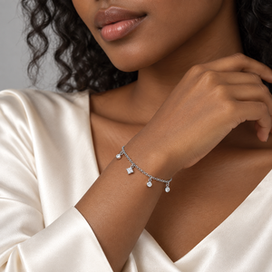 Dangling Cubic Zirconia <b>Charm</b> <b>Bracelet</b>, Stainless Steel Fine Chain with Round and Cluster Drops, Gold and <b>Silver</b>-Tone Options - Product Image 5