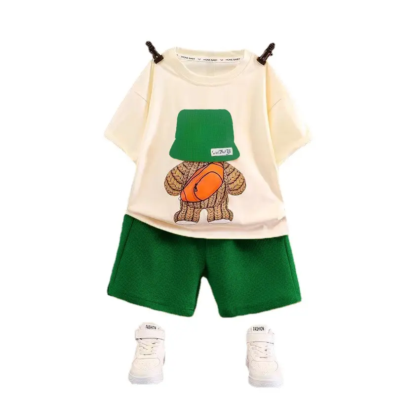 Nieuwe Kinderkleding Zomer Vrijetijdsset Jongens Korte Mouw Wafel Baby Zomerkleding Groothandel