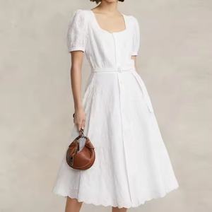 Nouvelle Arrivée 2025 – Robe Midi Purement Blanche Élégante Bohème Décontractée avec Broderie Anglaise, Ceinture en Lin et Patchwork Uni pour l'Été - Product Image 3