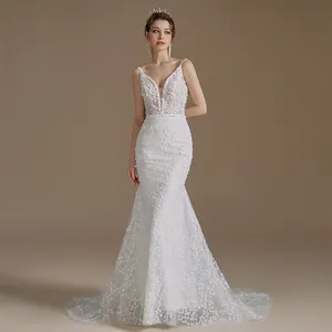 Sleeveless Mermaid Wedding Dress Deep V-Neck Appliqued Bridal Dress With Detachable Tulle Rl041