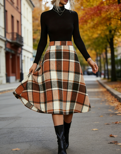 กระโปรงทรงสวิงเอวธรรมชาติความยาวระดับเข่าลายตาข่ายแบบตารางสำหรับผู้หญิงไซส์ใหญ่สไตล์ลำลองสำหรับฤดูหนาว - Product Image 3