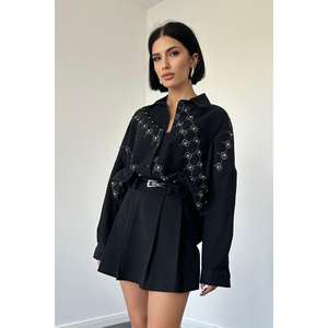 Chemise ample en lin noir pour femme, boutonnage asymétrique, tenue de tous les jours - Product Image 3