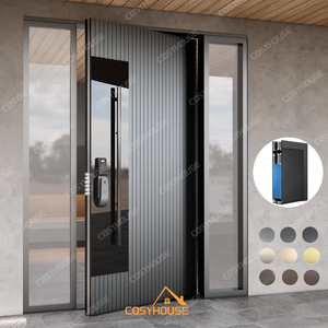 Porte d'entrée pivotante en aluminium à lattes en bois grainé moderne sur mesure avec verre noir miroir et panneaux latéraux fixes doubles - Product Image 2