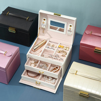 Mallette de Rangement à Bijoux de Luxe en Gros, Grande Boîte à Bijoux à 3 Tiroirs avec Miroir en Cuir PU, Organisateur Valise avec Poignée