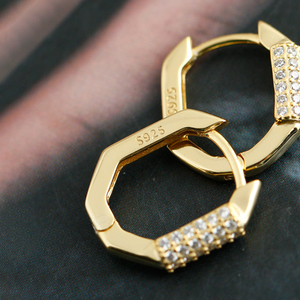 CANNER Diamond 5A Zircon Gold Hexagonal Circle S925 <b>Silver</b> <b>Hoop</b> <b>Earrings</b> for Women - Product Image 1