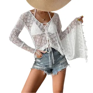 W5465 Vrouwen Sexy Off Shoulder Blouse Shirt Casual Vrouwelijke Effen O-hals Losse Plus Size 4XL Lace Hollow Out Blouse Tops