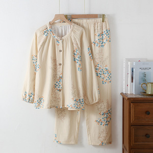 Set Pigiama Minimalista da Donna in Doppio Strato di Garza di Cotone |   Primavera-Autunno, Sottile, Collo Tondo, Manica Lunga, Ampio, Indossabile all'Esterno - Product Image 6