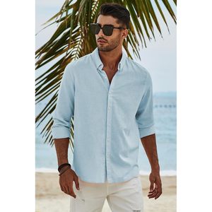 Chemise boutonnée en coton et lin pour homme FOXA, manches longues, respirante, chemise habillée décontractée pour le travail - Product Image 6