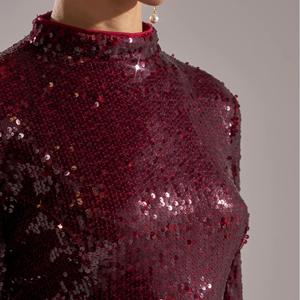 Abiti Casual Mini Avvolgenti con Paillettes <span class=keywords><strong>Bordeaux</strong></span> a Vita Alta con Collo a O <span class=keywords><strong>in</strong></span> <span class=keywords><strong>Maglia</strong></span> Elasticizzata a Doppio Strato Personalizzati - Product Image 5