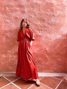 Hecho a mano única diosa Boho naranja Maxi de gran tamaño Resort Wear Beach Coverup pre-boda conjunto de tela viscosa hasta el suelo - Product Image 5