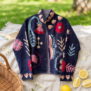 Suzani Embroidered <b>Velvet</b> Bomber <b>Jacket</b> Handmade Boho Floral Embroidery Navy Blue 100% Cotton Breathable for <b>Women</b> - Product Image 3