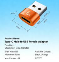 Adaptateur USB 3.0 Type-C mâle/femelle 6A en alliage d'aluminium pour ordinateur portable et appareil photo, convertisseur de charge rapide