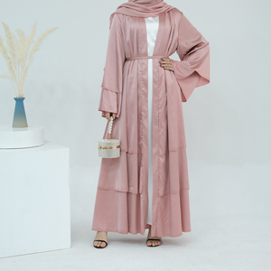 Di alta qualità in raso di seta aperta Abaya EID Dubai Abaya Patchwork tre strati di raso fluente Cardigan abito musulmano con cintura - Product Image 4