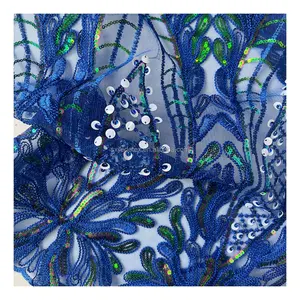 Cortina de encaje con bordado floral azul real, tela de bordado con purpurina y lentejuelas