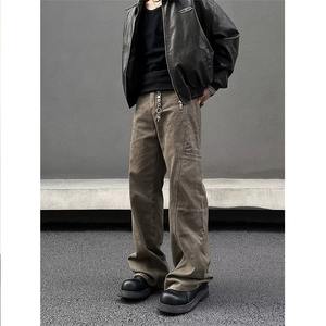 American Retro Melad Brown Multi-Pocket Workwear Low <b>Waist</b> Denim High Street Straight-Leg Slightly Flared Cleanfit <b>Jeans</b> for Men - Product Image 4