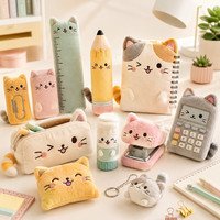 Maßgefertigtes Kawaii Katzen-Plüschset, Cartoon-Stoffpuppe mit Notizbuch, Lineal und Federmäppchen als Schreibwaren-Geschenk für Kinder