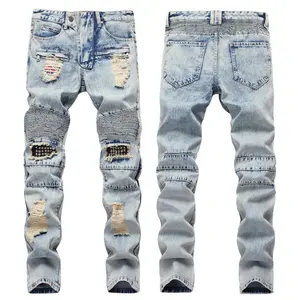 Jeans Pengendara Ketat Pria, Jeans Ramping Kepribadian Mode Desain Baru OEM/ODM