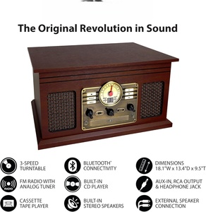 Tocadiscos de Vinilo Retro 8 en 1 con Reproductor de CD, Cassette y FM para USB, Compatible con Computadoras, Teléfonos Móviles y Cine en Casa, con Gabinete de Madera - Product Image 4