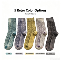 Chaussettes en coton pour hommes, style vintage, tricotées en câble, avec logo personnalisé OEM, motif jacquard côtelé rétro