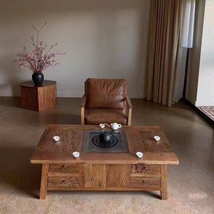 Mesa de té cuadrada de madera de olmo antiguo con almacenamiento para uso en exteriores - Product Image 1