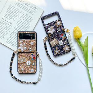 Flip pliable avec fleur paillettes INS Style paillettes strass <span class=keywords><strong>perle</strong></span> dragonne coque de téléphone pour Samsung zfold5 zflip4 zflip6 - Product Image 4