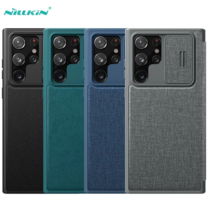 NILLKIN for Samsung Galaxy S23 S22 Ultra Case Qin Pro leather case Slide Camera Case For Samsung S23 S22+ 5G Plain Leather+Cloth