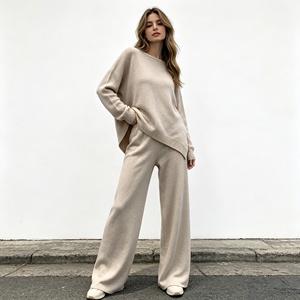 Ensemble de vêtements pour femmes en tricot, 2 pièces, style décontracté, beige, pull <span class=keywords><strong>à</strong></span> col rond ample, pantalon large, tenue décontractée pour le printemps et <span class=keywords><strong>l</strong></span>'automne - Product Image 2