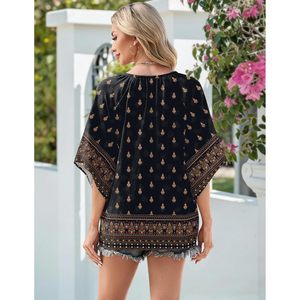 Blusa Bohemia para Mujer, Manga 3/4, Cuello en V, Estampado Floral, Corte Holgado, Túnica Informal de Chifón, para Uso Diario - Product Image 5