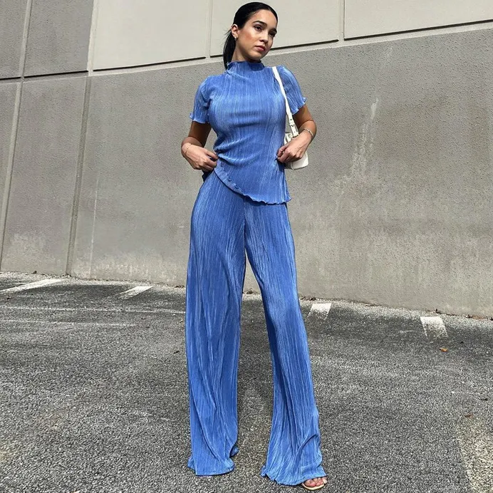 2022 Neuheiten Fold Pant Suits Casual Shirt Top und Wide Leg Pants 2/Zweiteiliges Set Sommer Damen bekleidung Mode Outfits