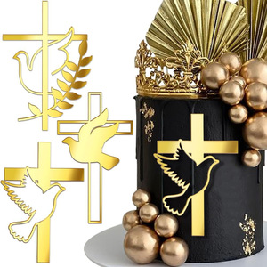 Nouveau grand décor de gâteau en acrylique doré en forme de <span class=keywords><strong>croix</strong></span> pour baptême, souvenir de baptême, décoration de gâteau - Product Image 1