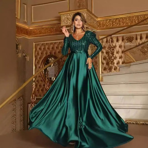 Robe de soirée pour femme, manches longues, col en V, sequins, taille empire, longueur complète, en satin, style vintage, tenue de soirée formelle - Product Image 5