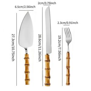 Juego de utensilios para cortar pasteles de boda de acero inoxidable, espátula para pasteles, tenedor para postres, cuchillo para pizza, diseño con mango de bambú antideslizante - Product Image 2