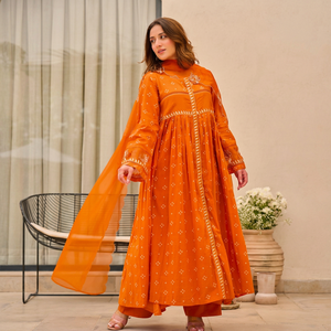 Vestido Maxi Bohemio Casual de Mujer con Bordado Floral Tejido Naranja, Manga Larga, Cuello en V, Corte A, Cintura Natural, Estilo Étnico para Fiesta al Aire Libre - Product Image 1