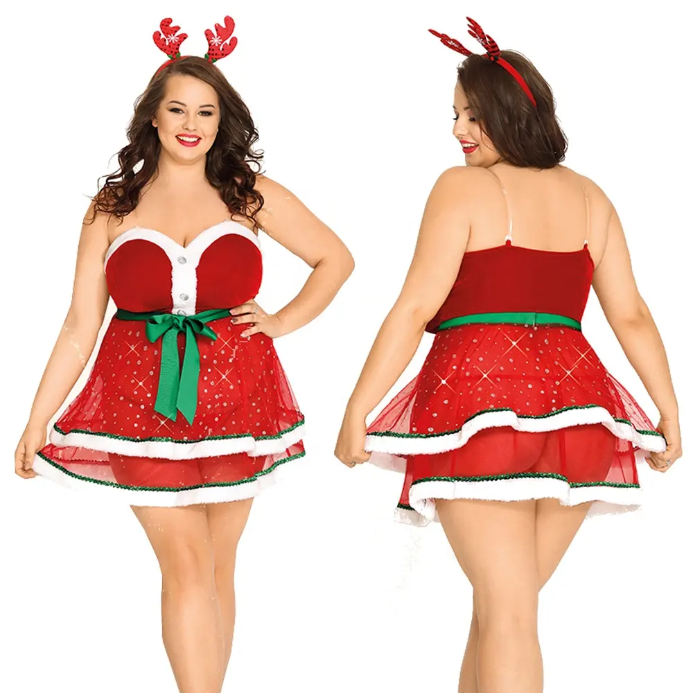 Kostum babydoll natal seksi tali bahu transparan ukuran plus lingerie untuk wanita gemuk