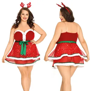 플러스 크기 투명 어깨 끈 섹시한 크리스마스 베이비 돌 의상 란제리 뚱뚱한 여성을위한
