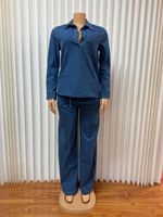 Ensemble deux pièces décontracté en jean pour femme 2025 – Veste à revers à manches longues en polyester/coton à séchage rapide et pantalon large en jean style cowboy