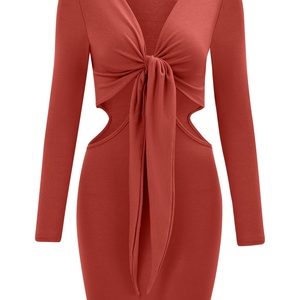 Vestido Cruzado Elegante y Casual de Punto con Cuello en V, Manga Larga, Cintura Natural y Color Sólido para Mujer - Nuevo Estilo Sexy - Product Image 2