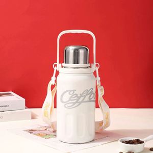 Ceffoo Stainless Steel Vacuum Flask 800ml/1200ml <b>Pink</b> Red White Coffee <b>Bottle</b> Handle Strap Thermal Insulation 6-12 Hours - Product Image 3