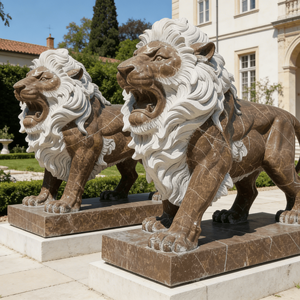 Statues de <span class=keywords><strong>lion</strong></span> en marbre blanc sculptées à <span class=keywords><strong>la</strong></span> main, taille réelle, décoration de jardin extérieur moderne, sculpture animale en pierre à vendre - Product Image 1