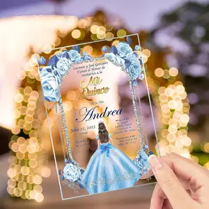 Quinceanera приглашение детское синее платье из акрилового стекла приглашение, Mis Quince, сладкий 15, сладкий 16, цветочный дизайн