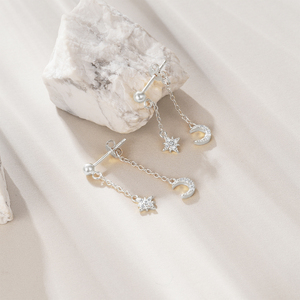 CANNER Joyería Fina, Pendientes de Plata de Ley 925 con Cadena de Borlas y Circonita Cúbica, Diseño de Estrella y Luna, para Mujer, Regalo - Product Image 2