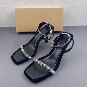 Sandalias Zapatos Mujer Saltos Rhinestone Negras con Correa en el Tobillo y Tacón Cuadrado para Damas - Product Image 2