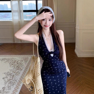 Blue Halter Neck Floral Print Fitted Waist Dress Women 2025 Summer Lace French Style Beach Vacation Vibe - Product Image 3